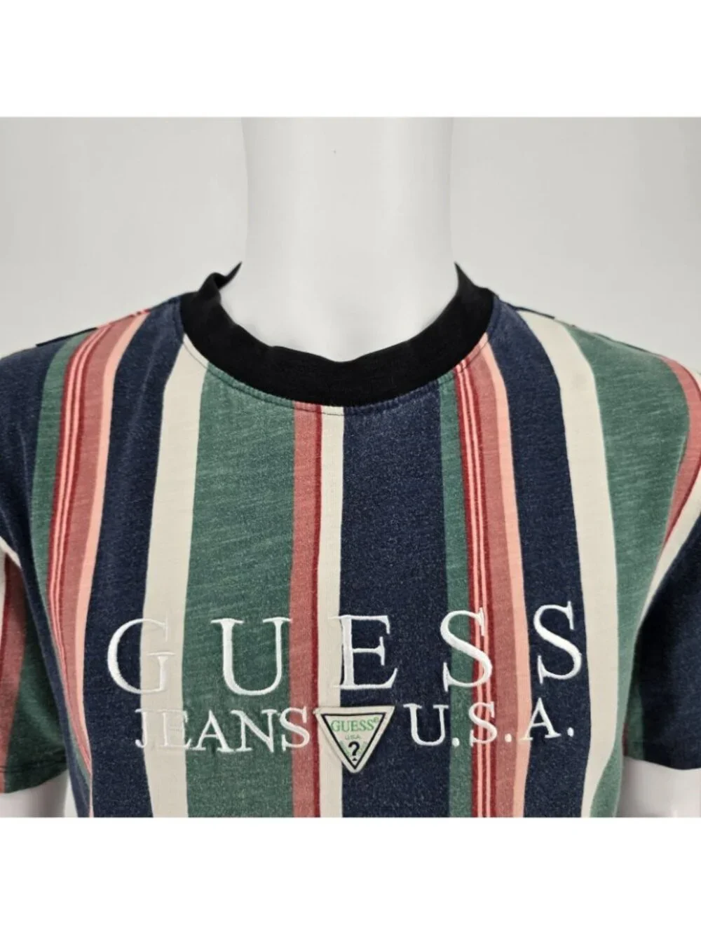 Guess Jeans U.S.A. Embroidered Logo Faded Multicolor Striped T-Shirt (M) - Picture 2 of 12